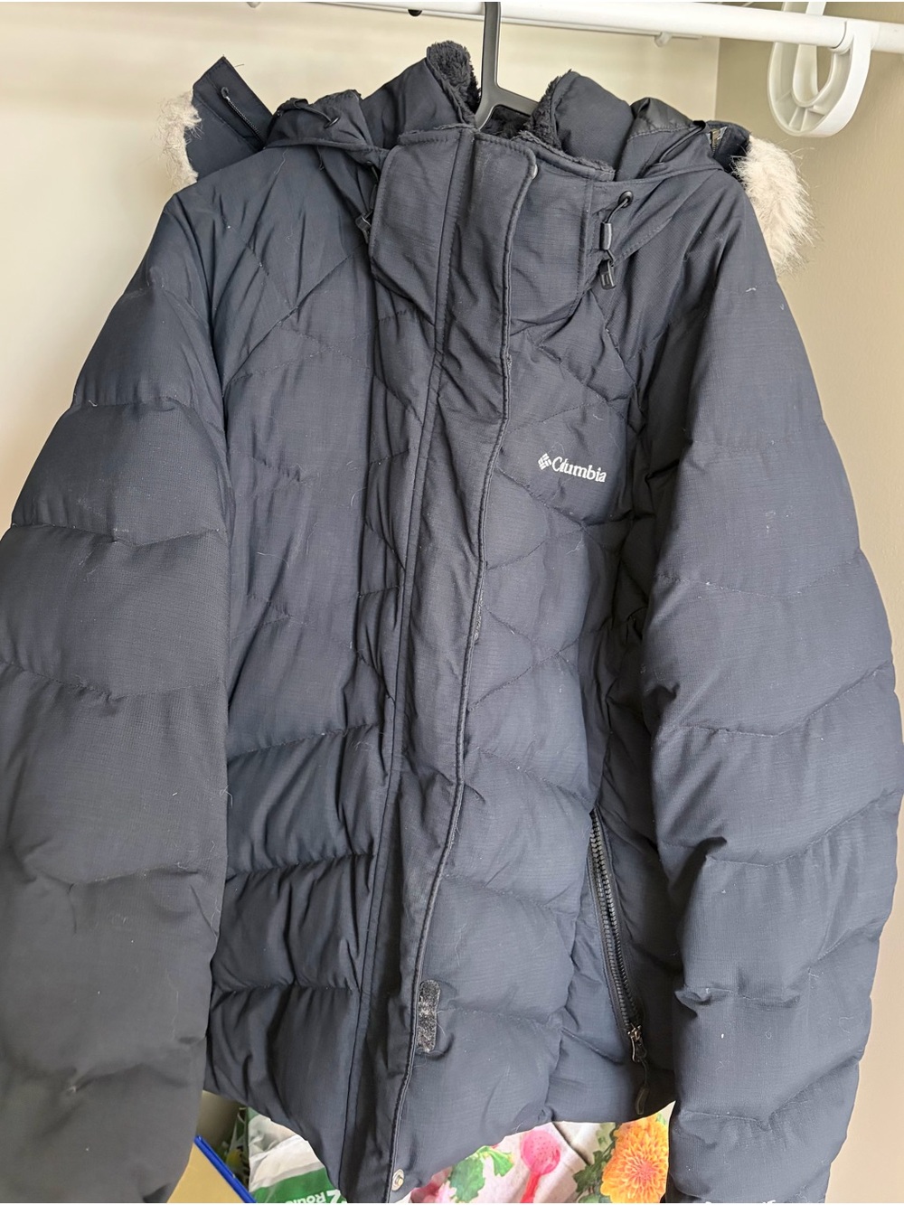 Columbia Youth Navy Puffer Jacket with Hood and Faux-Fur Trim